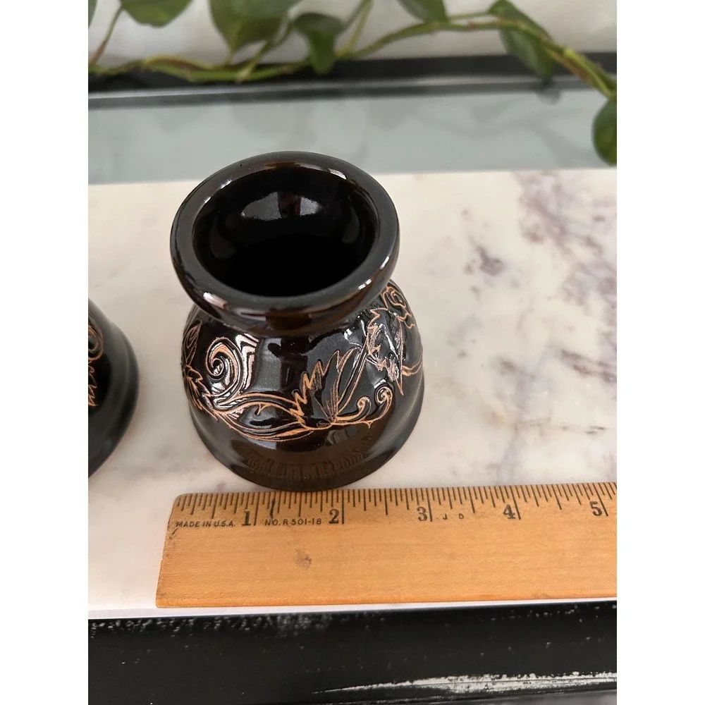 Pair of Etched Ceramic Oil Lamps, Candlesticks,‎ or Bud Vases